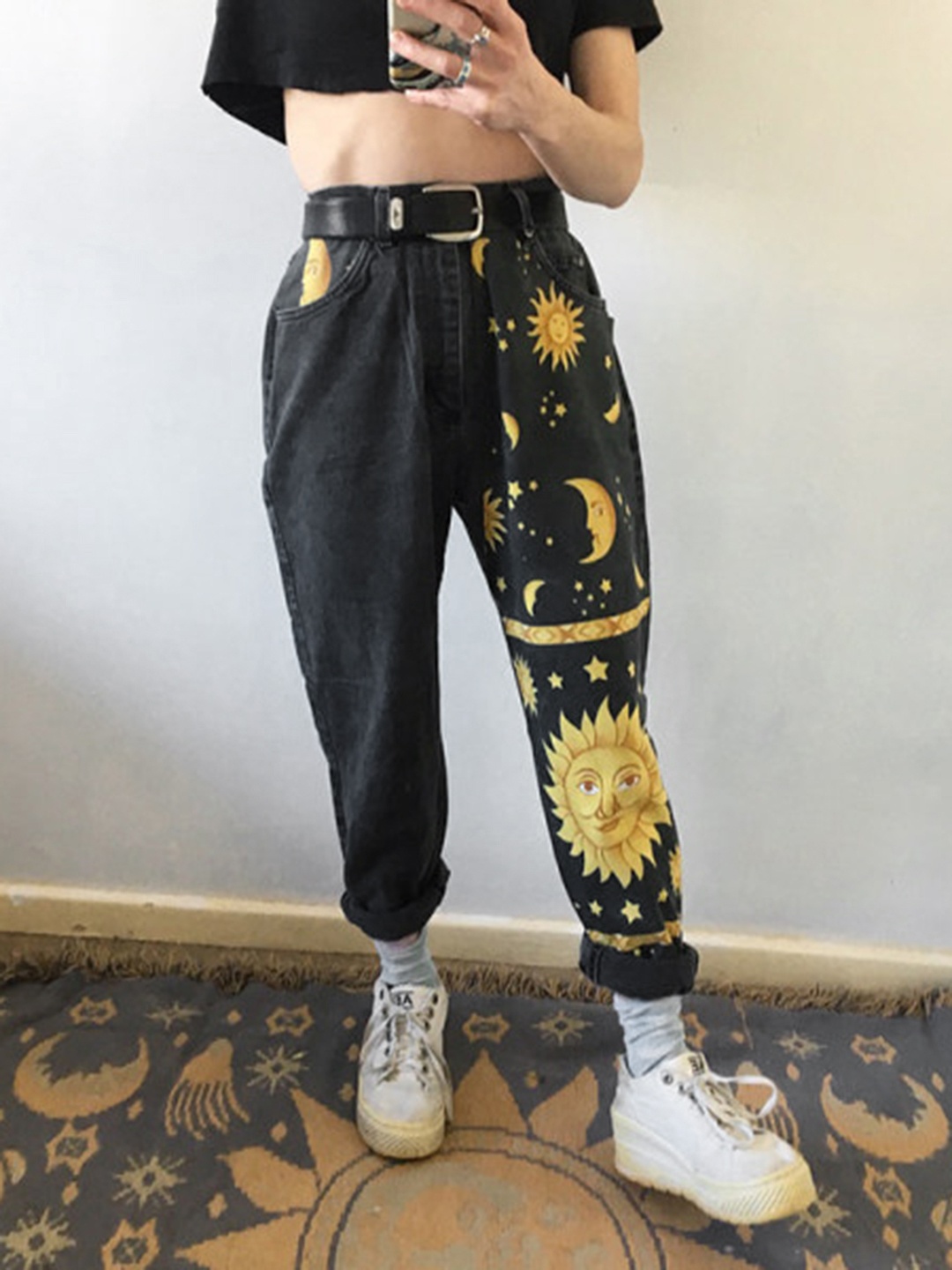 

URBANIC Women Black Pure Cotton Printed Stretchable Jeans