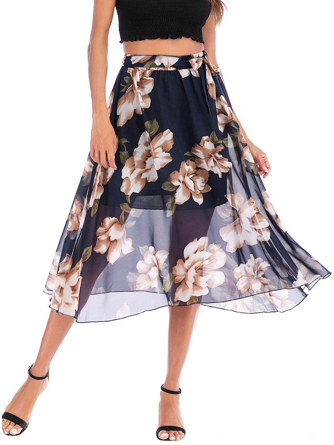 

URBANIC Women Navy Blue & White Floral Print Midi A-Line Skirt