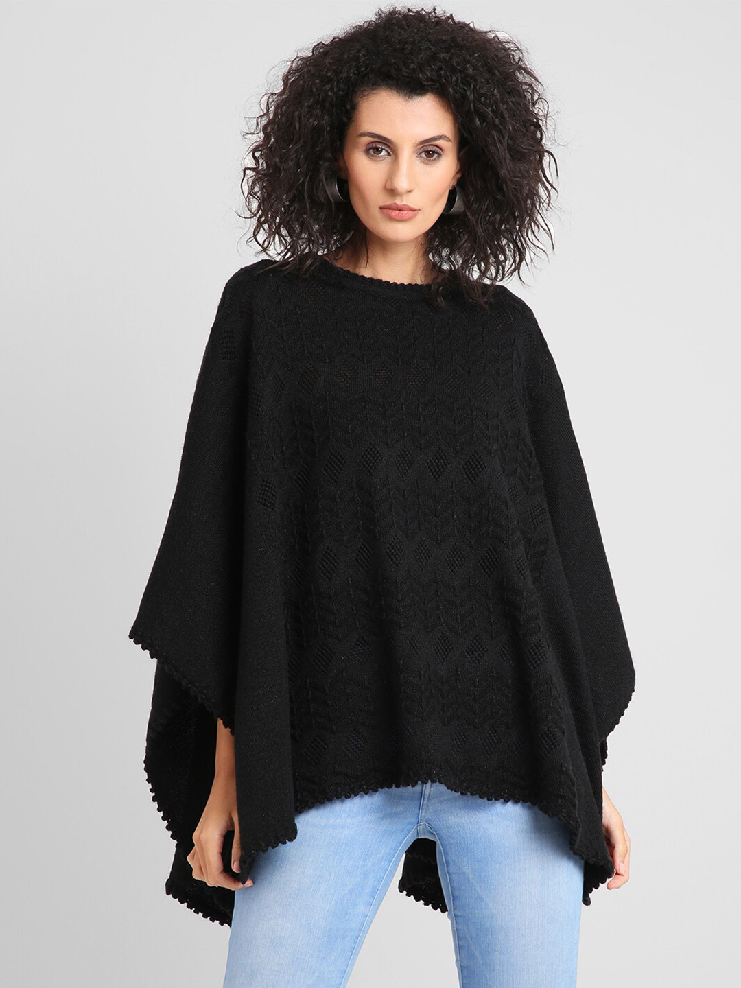

FABNEST Women Black Self Design Acrylic Poncho Sweater
