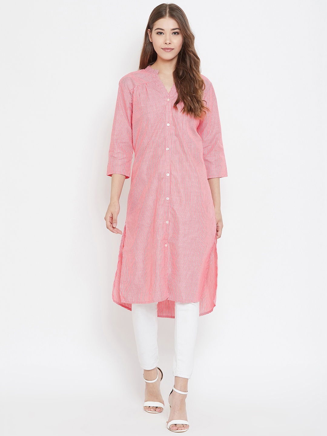 

Ruhaans Pink & White Mandarin Collar Striped Tunic