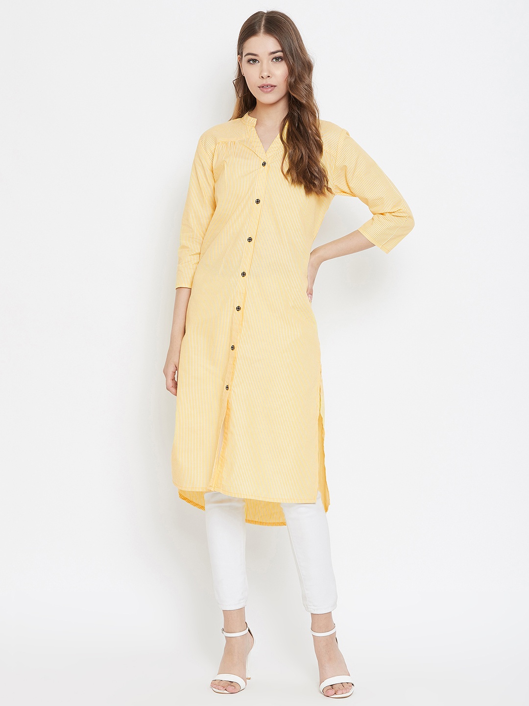 

Ruhaans Yellow Mandarin Collar Striped Tunic