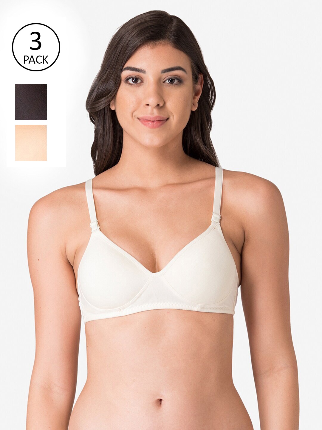 

KOMLI Off White & Black Lightly Padded T-shirt Bra Pack of 3