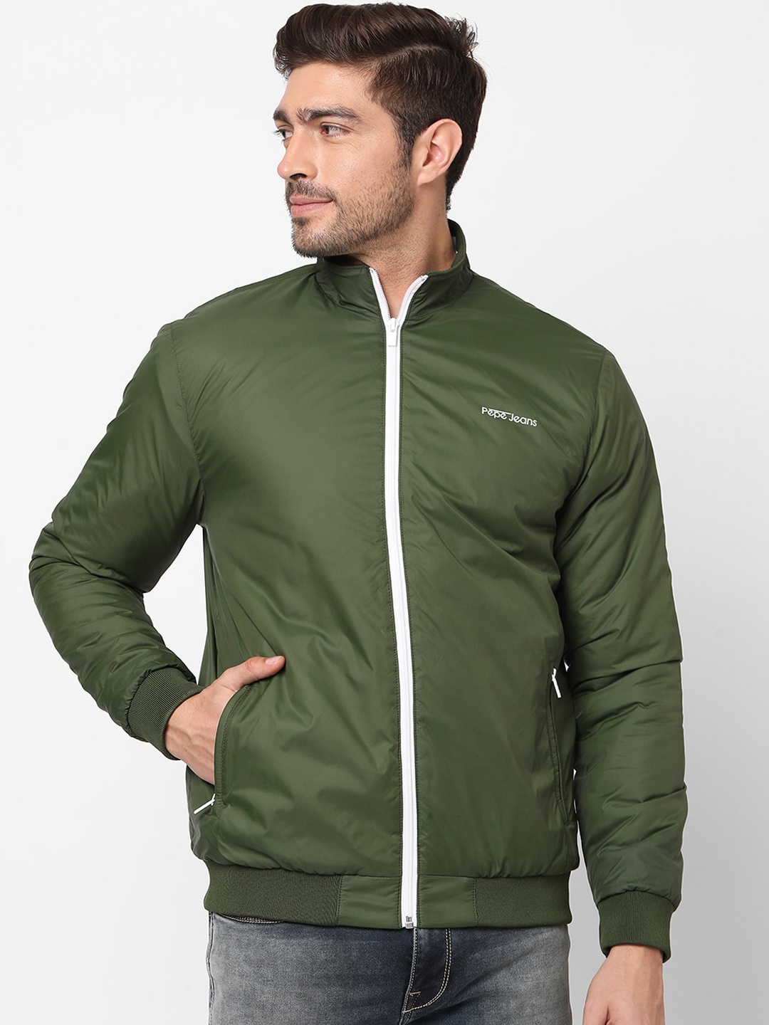 

Pepe Jeans Men Olive Green Solid Bomber Jacket