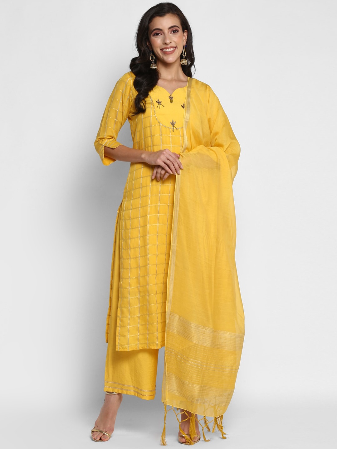 

VAABA Women Yellow Regular Gotta Patti Chanderi Silk Kurta with Palazzos & Dupatta