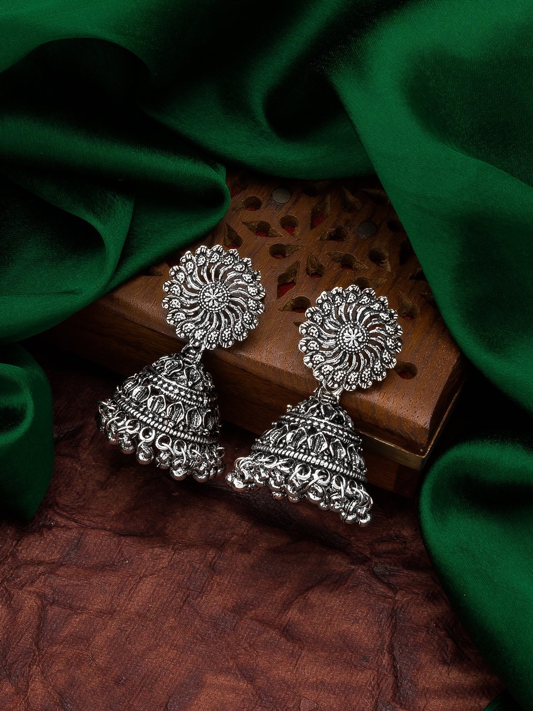 

aadita Silver-Toned Geometric Jhumkas Earrings