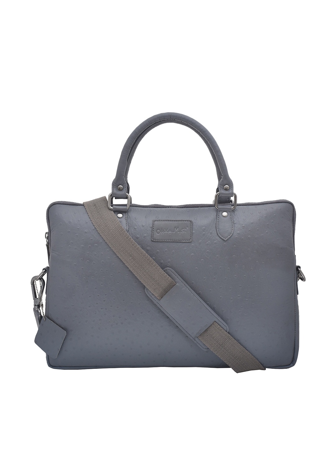 

OLIVE MIST Unisex Grey Genuine Leather Textured Laptop Bag with Detachable Strap