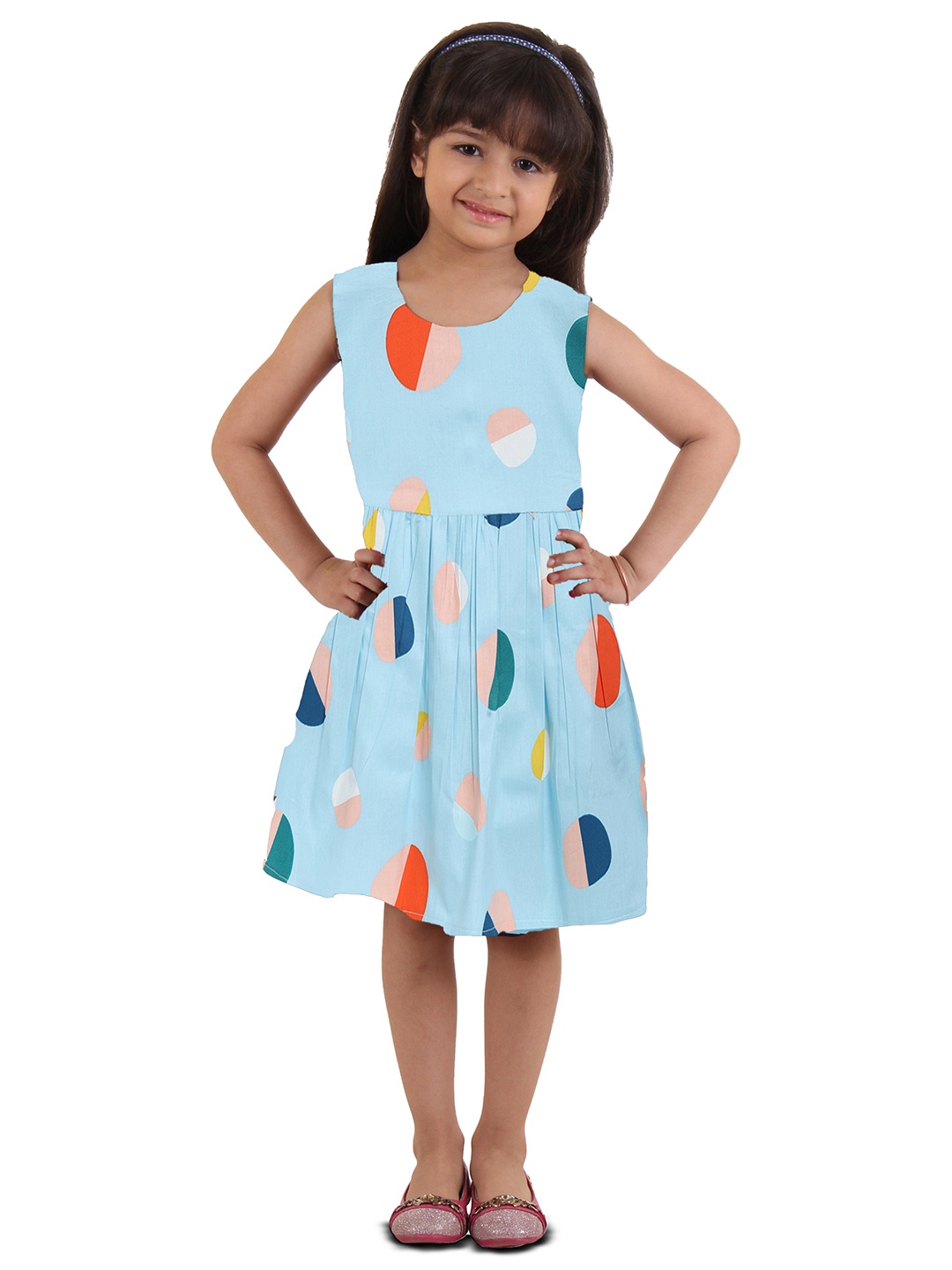 

Kids On Board Girls Blue Polka Dots Printed Pure Cotton A-Line Dress