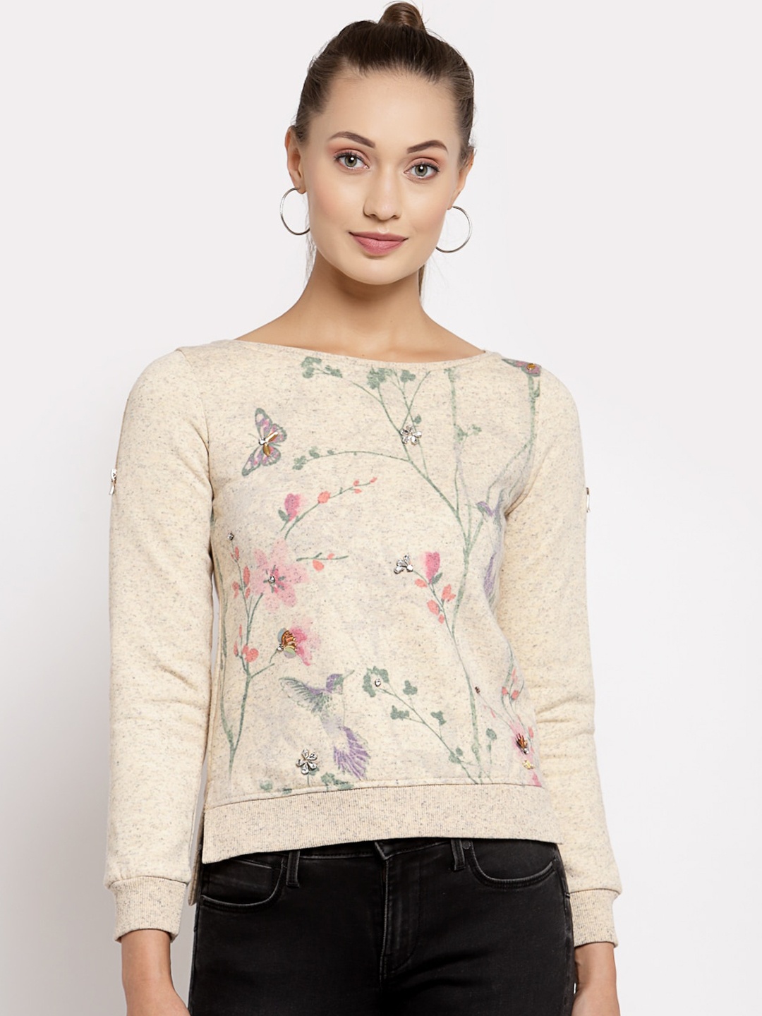 

Juelle Women Peach-Coloured Printed Sweatshirt with Embellishments