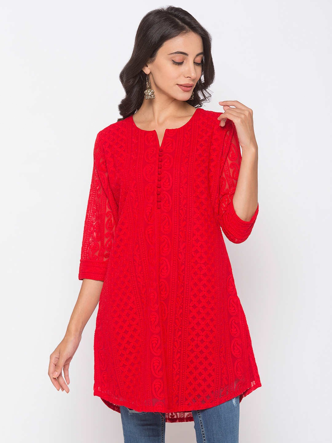 

ZOLA Women Chikankari Embroidered Thigh length Tunic, Red