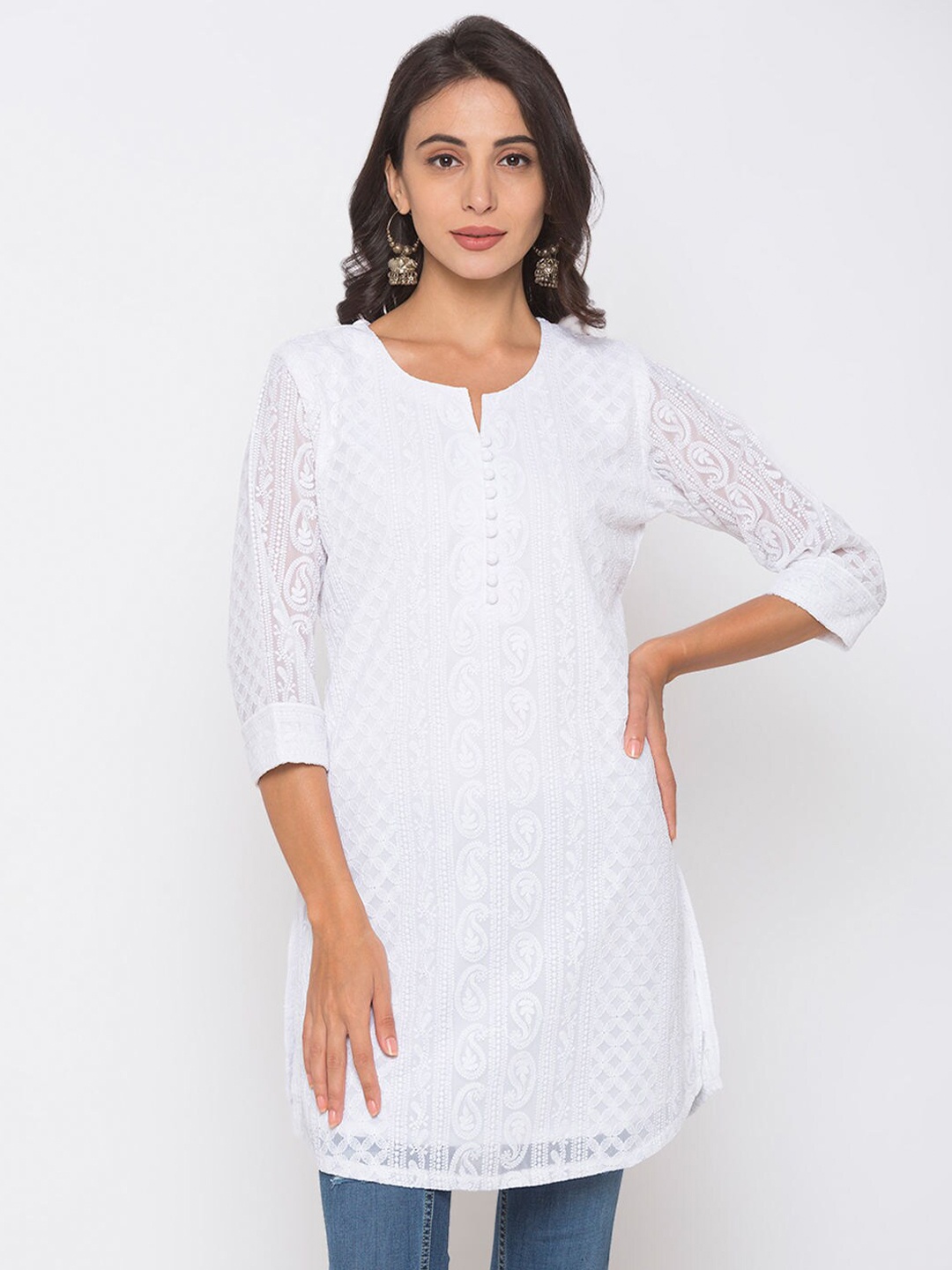 

ZOLA Women Chikankari Embroidered Thigh length Tunic, White