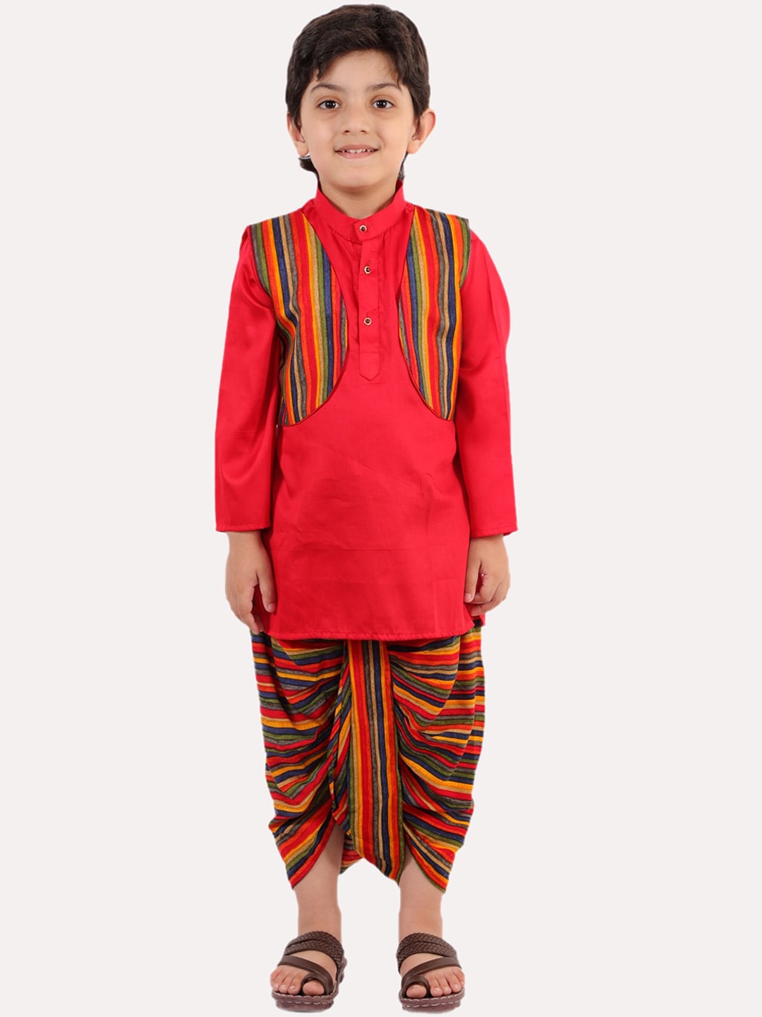 

Superminis Boys Red Layered Pure Cotton Kurta with Dhoti Pants