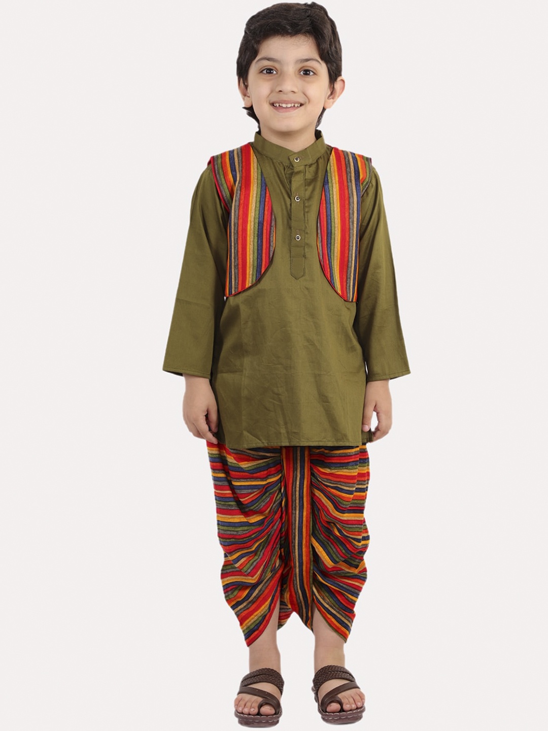 

Superminis Boys Green Layered Pure Cotton Kurta with Dhoti Pants