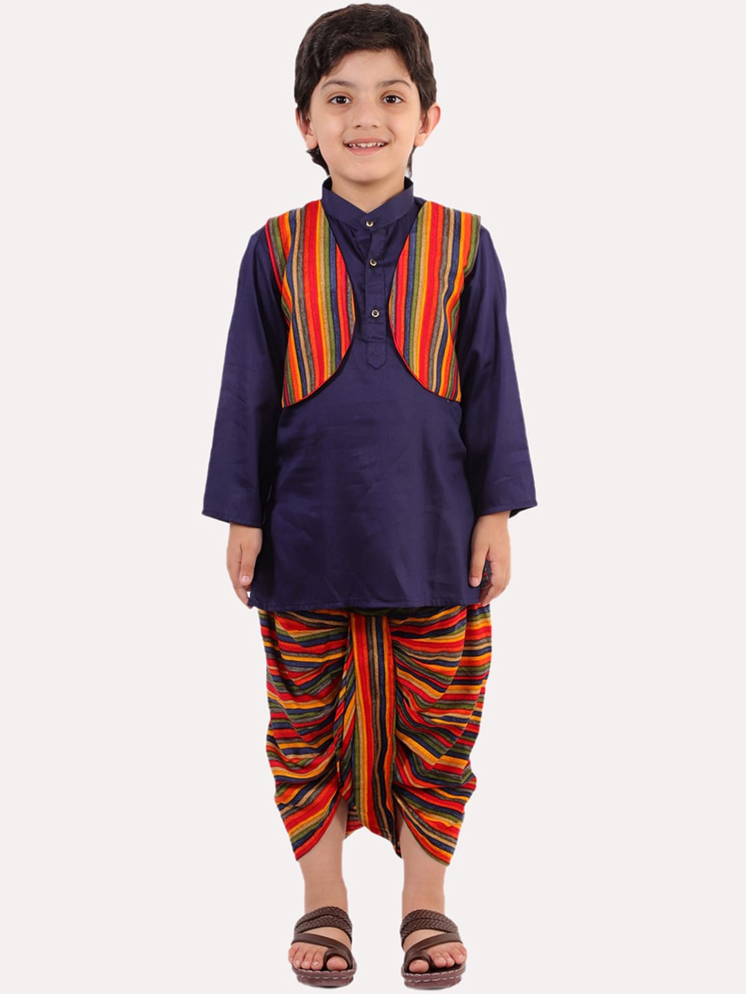 

Superminis Boys Navy Blue Layered Pure Cotton Kurta with Dhoti Pants