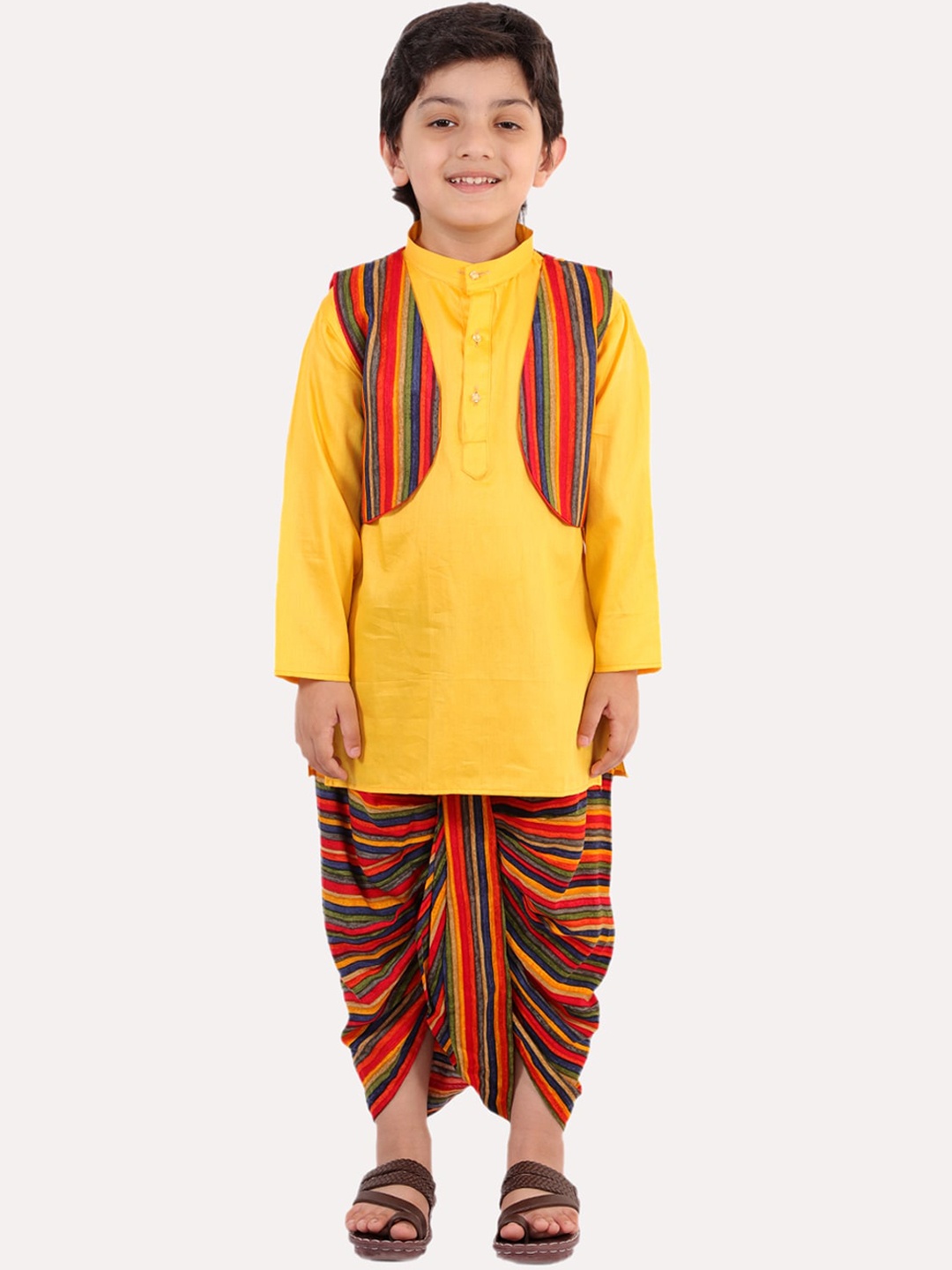 

Superminis Boys Yellow Layered Pure Cotton Kurti with Dhoti Pants
