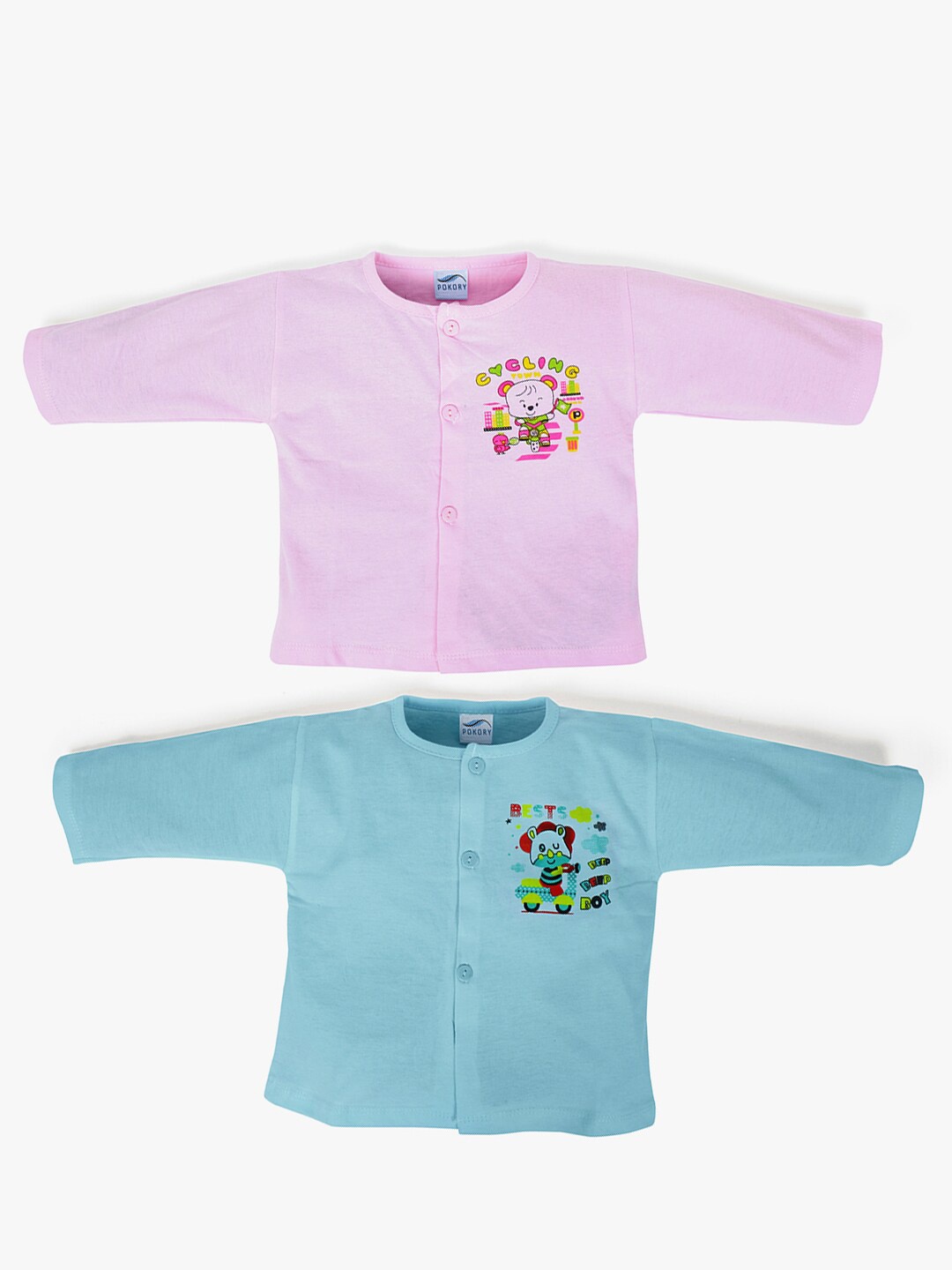 

POKORY Infant Pack of 2 Solid Running Cotton Jhabla with Printed Detail, Blue
