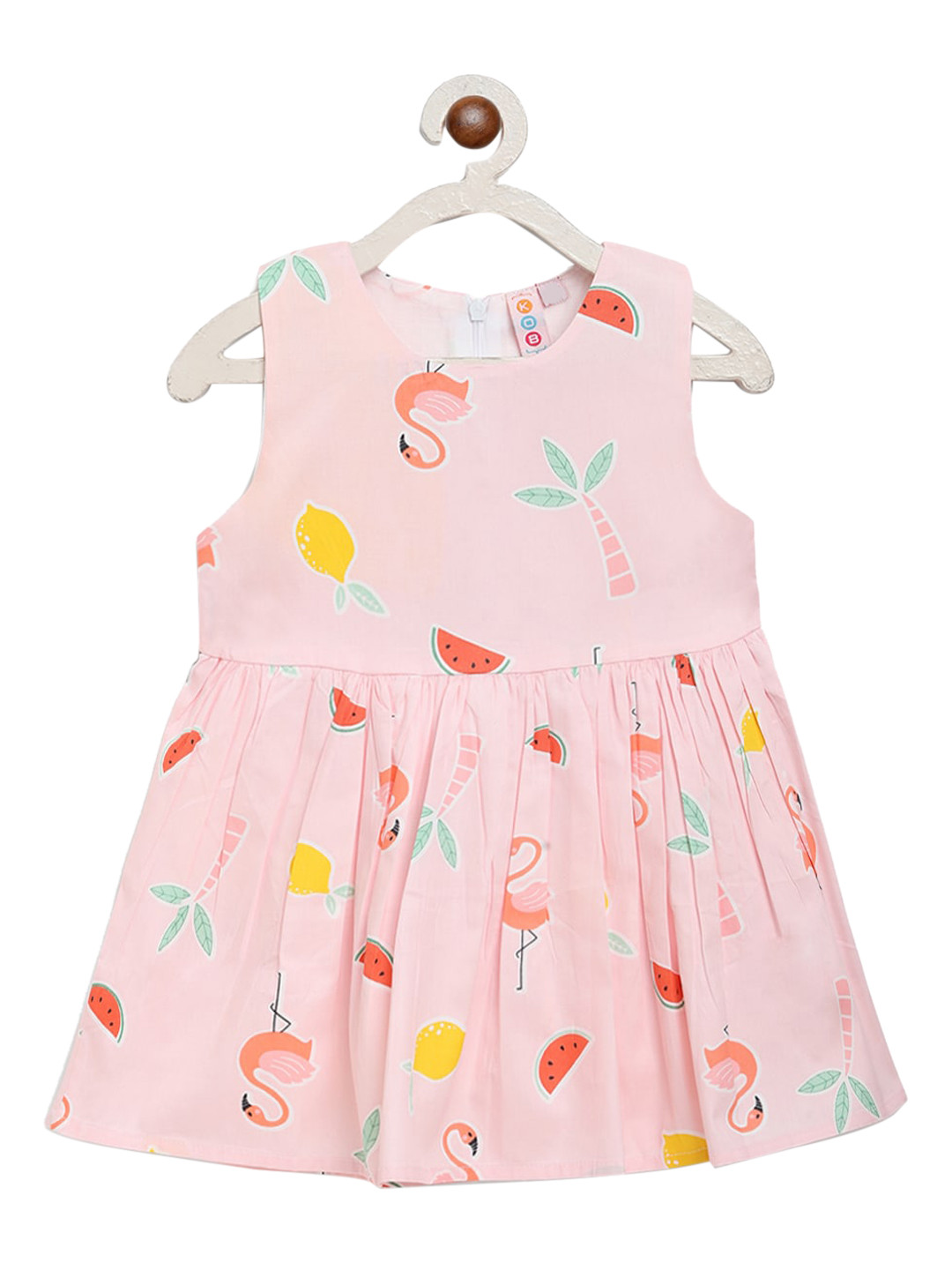 

Kids On Board Pink Girls Cotton Flamingo and Melon Print A-Line Dress