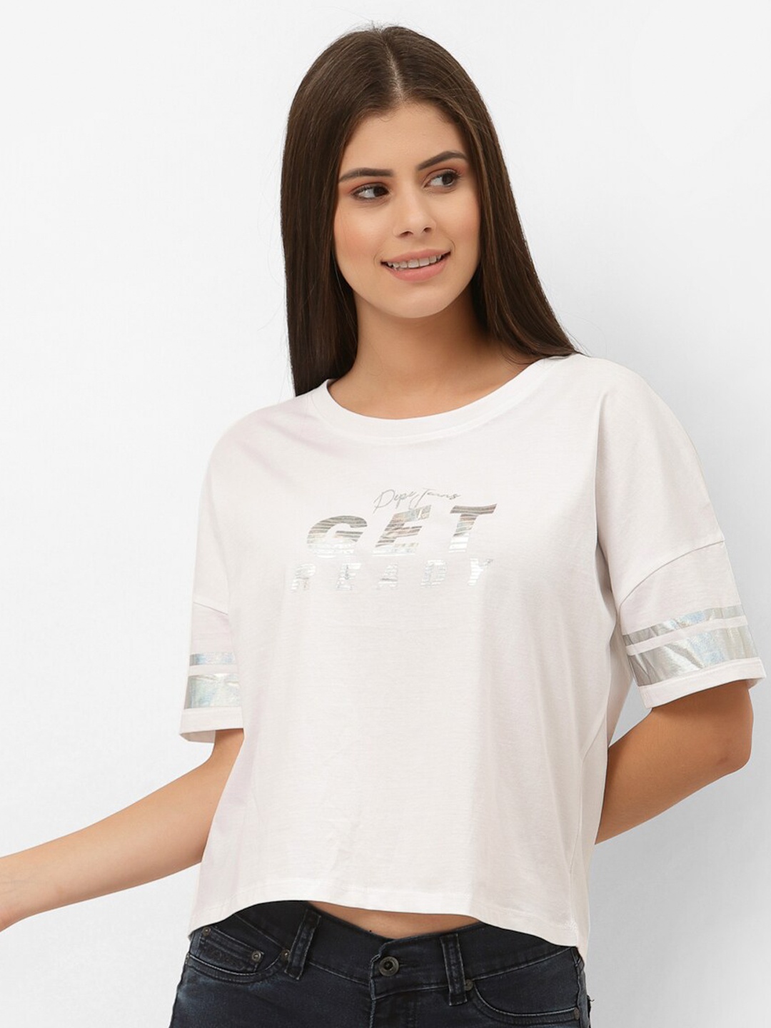 

Pepe Jeans Women White Typography Printed Drop-Shoulder Sleeves T-shirt
