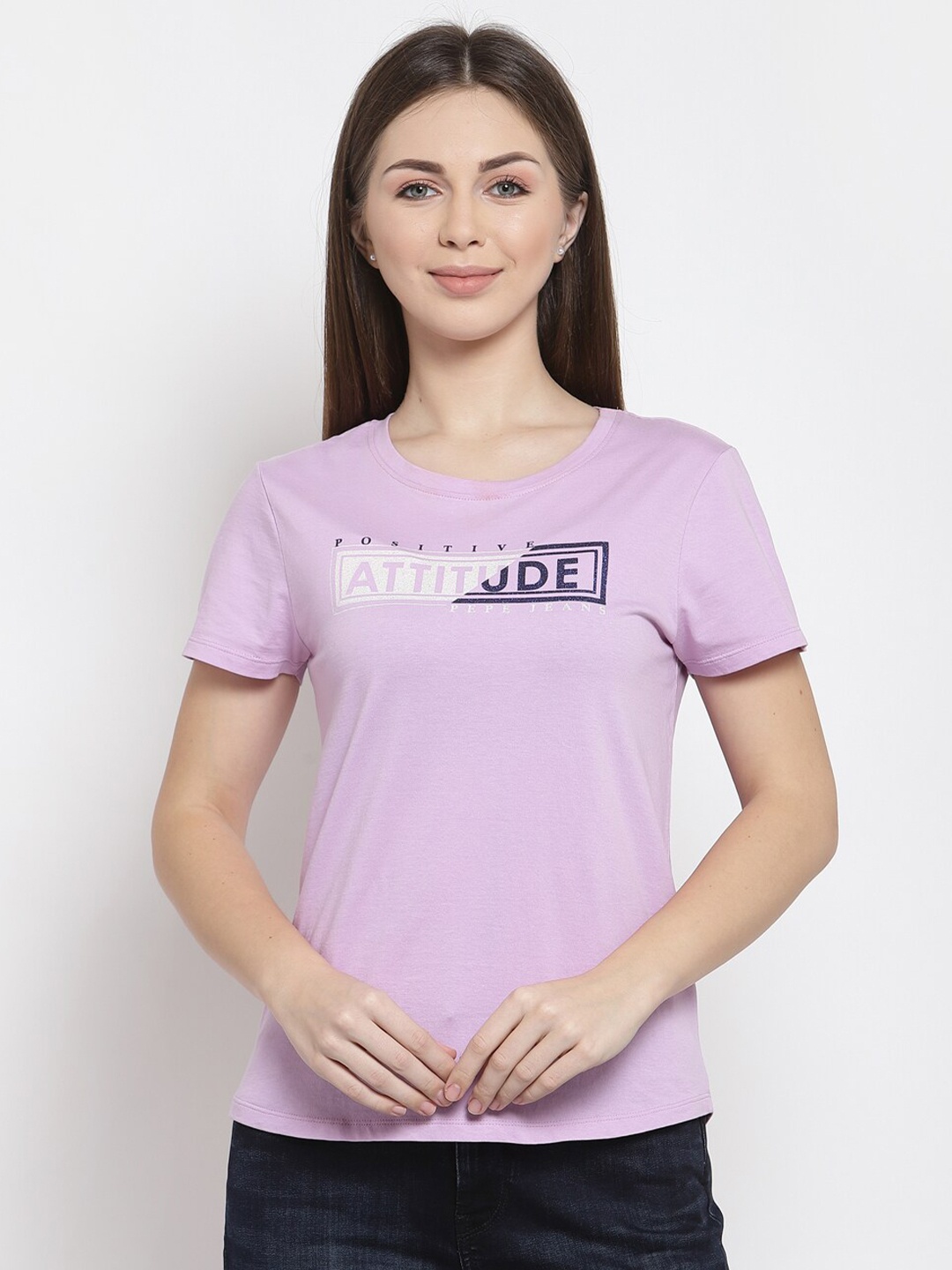 

Pepe Jeans Women Purple Typography Printed Extended Sleeves T-shirt