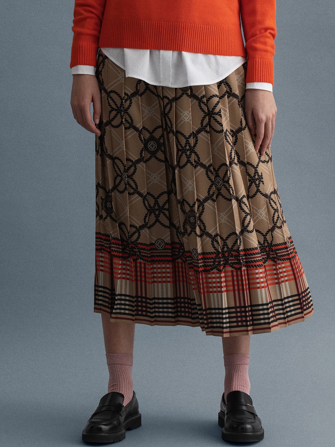 

GANT Women Khaki Brown & Black Printed Pleated A-Line Midi Skirt