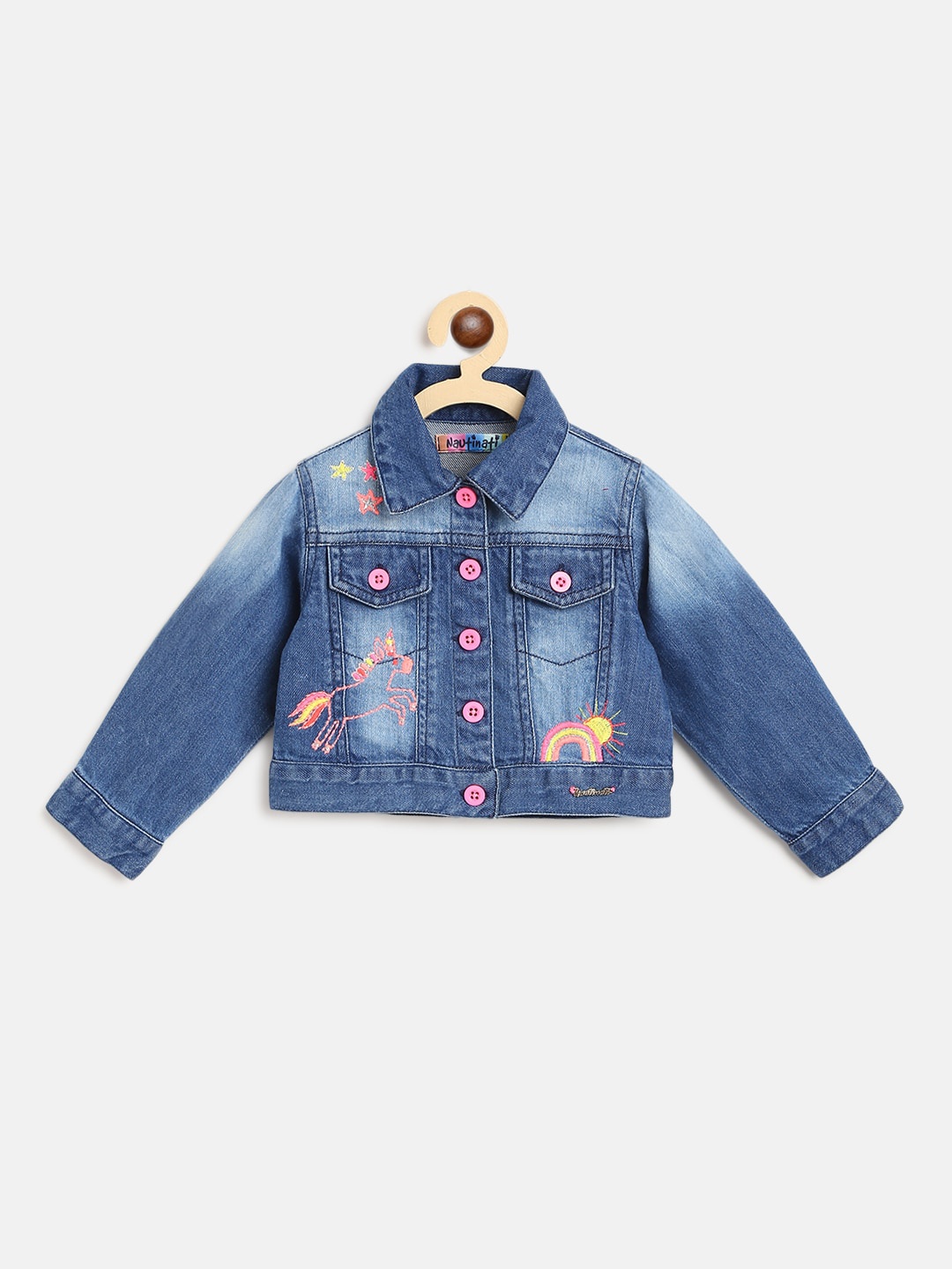 

Nauti Nati Girls Cotton Blue Washed Denim Jacket with Patchwork