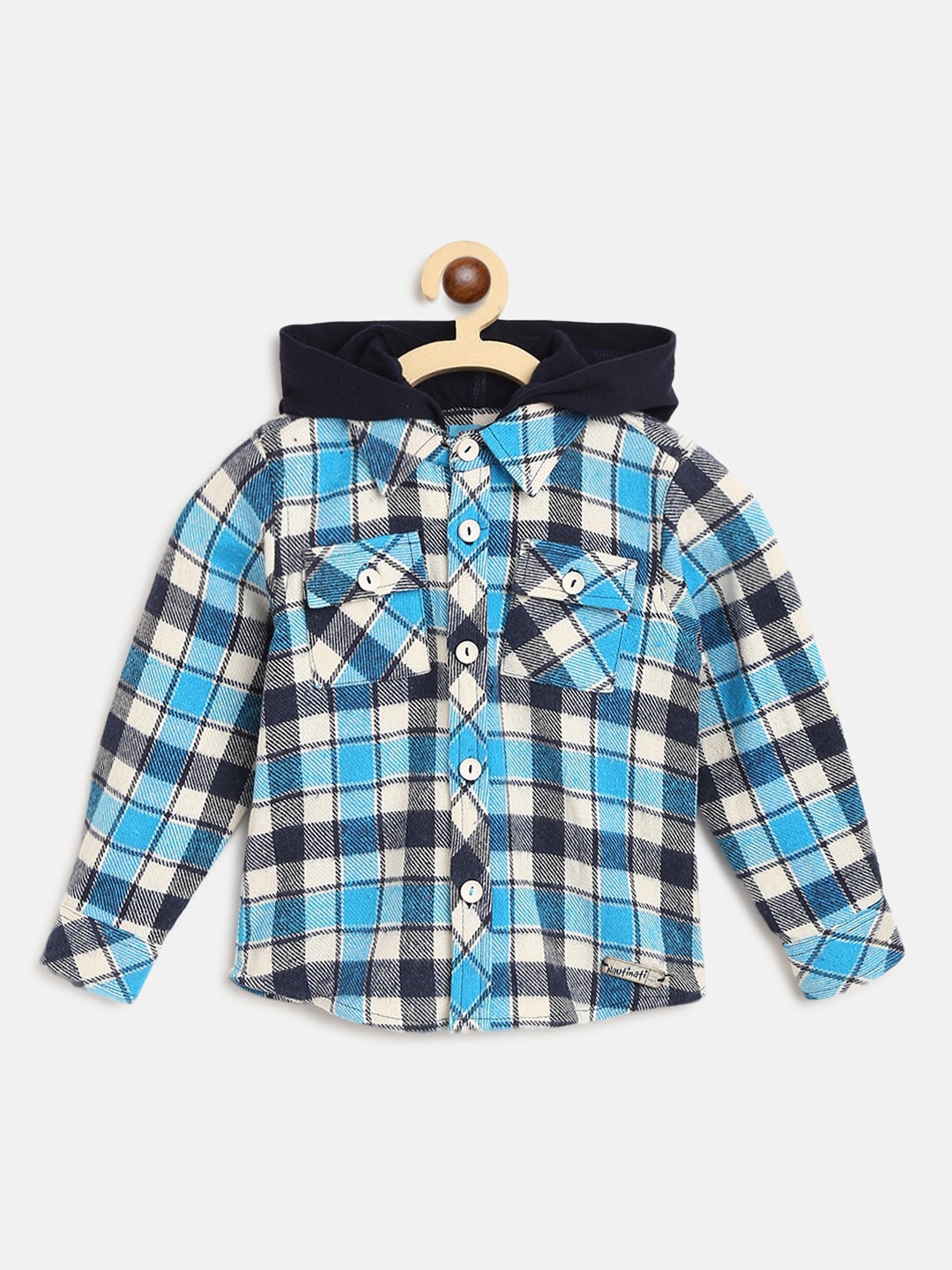 

Nauti Nati Boys Blue & Black Pure Cotton Hooded Checked Casual Shirt