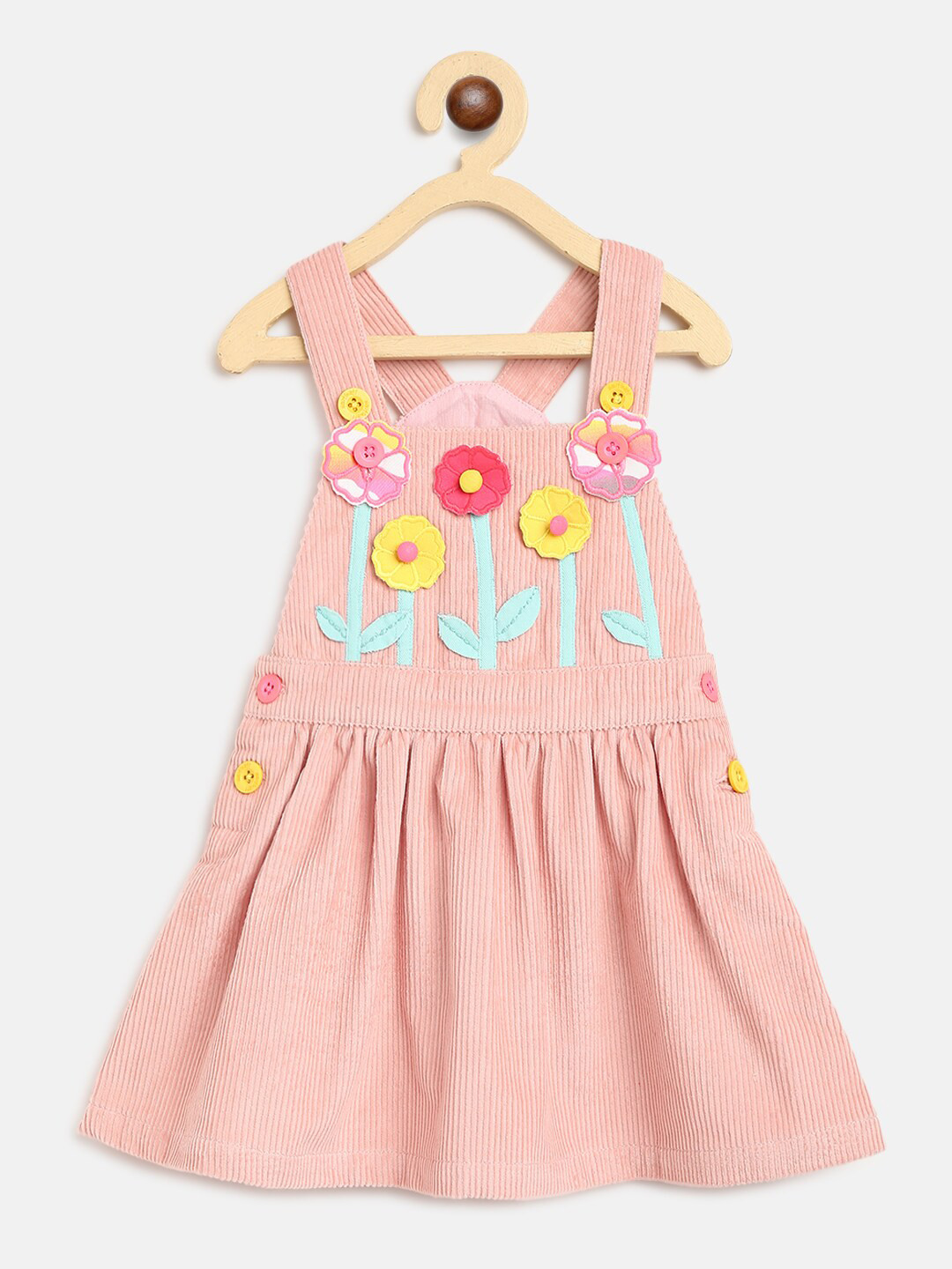 

Nauti Nati Girls Peach-Coloured Corduroy Pure Cotton Floral Applique Pinafore Dress
