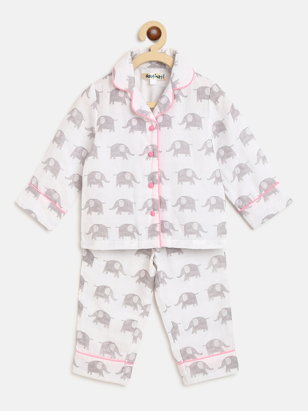 

Nauti Nati Girls Cotton White & Grey Printed Night Suit