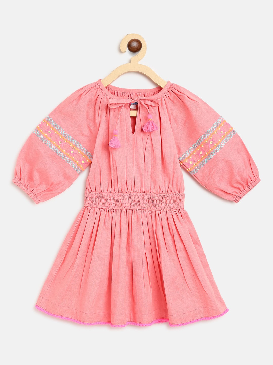 

Nauti Nati Peach-Coloured Pure Cotton Solid Tie-Up Neck Fit & Flare Dress