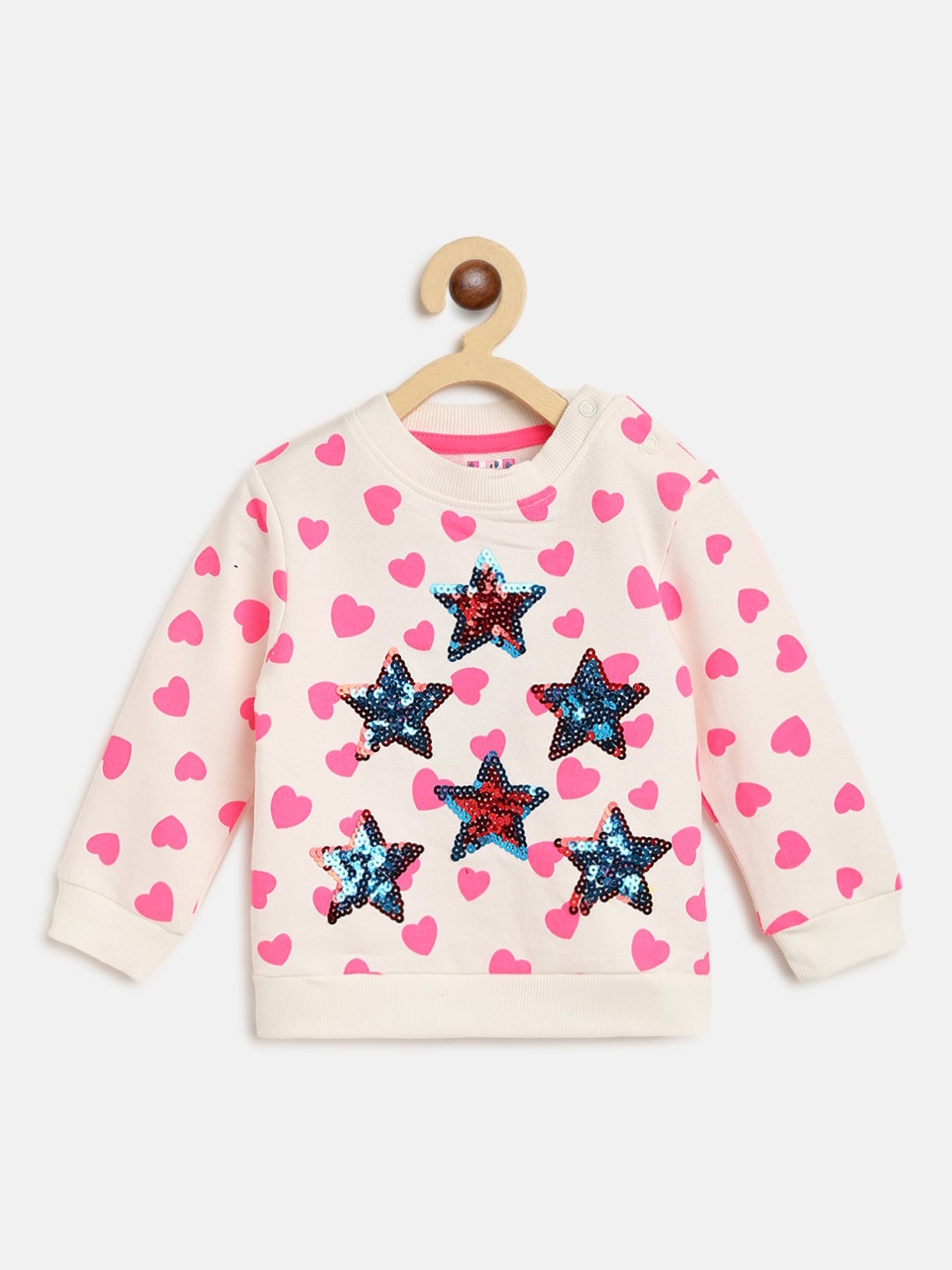 

Nauti Nati Girls Cream-Coloured & Pink Cotton Hearts Printed Sweatshirt with Sequin