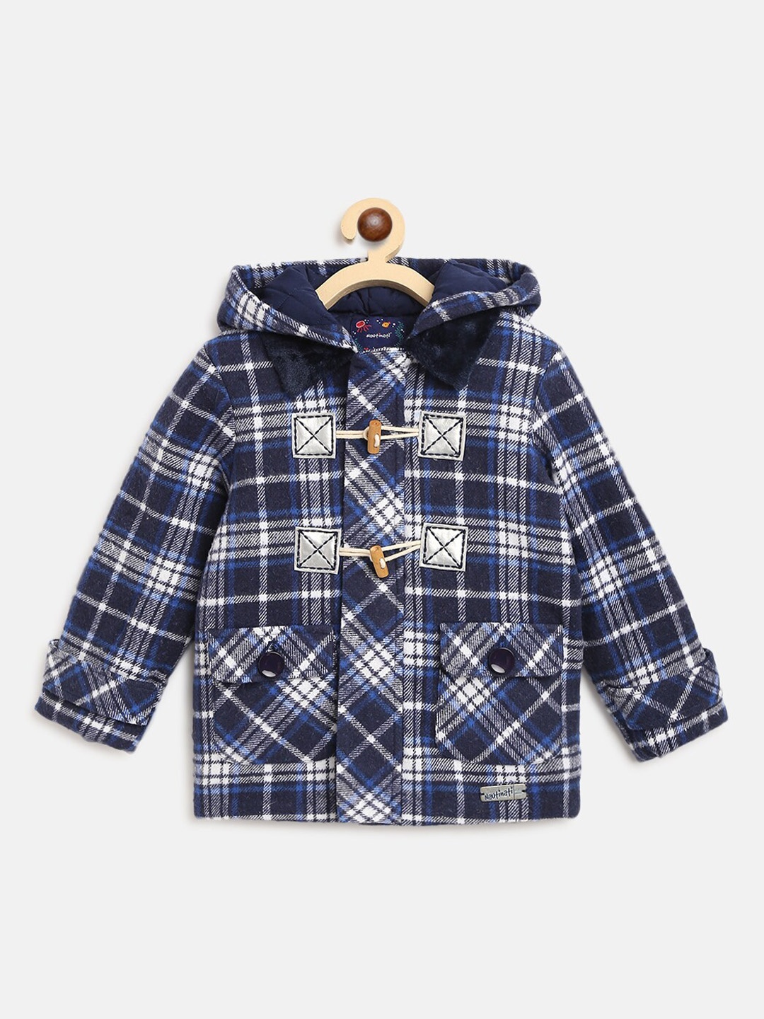 

Nauti Nati Boys Navy Blue & White Checked Hooded Faux Fur Cotton Tailored Jacket