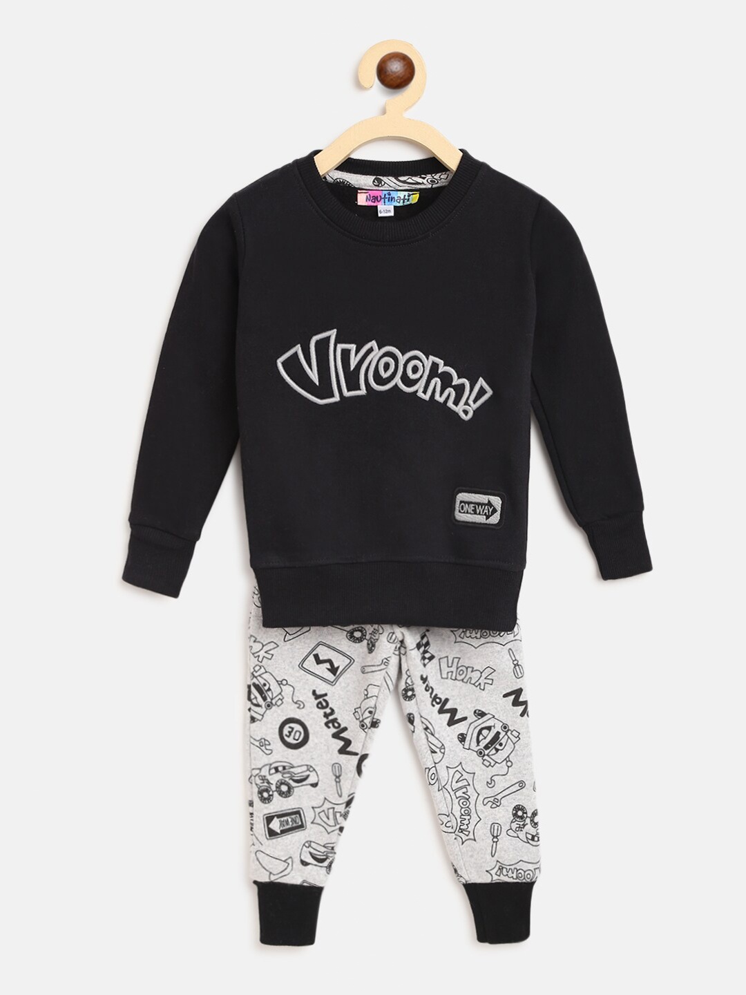 

Nauti Nati Boys Cotton Black & Grey Printed Pure Cotton Sweatshirt with Joggers