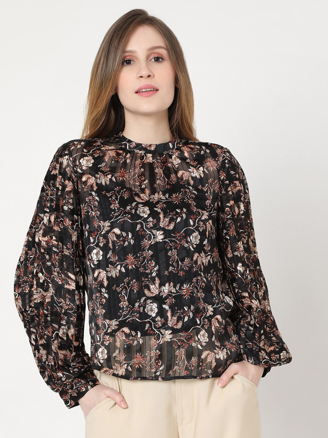 

Vero Moda Black Floral Mandarin Collar Regular Top