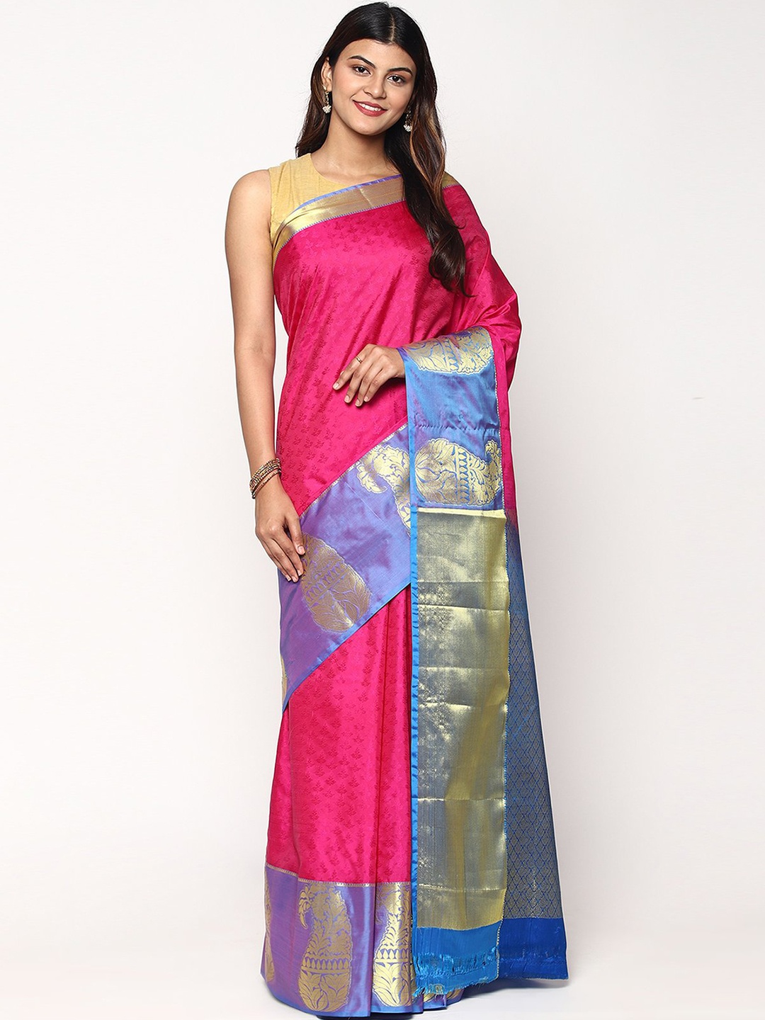 

Sudarshan Silks Pink & Blue Ethnic Motifs Zari Silk Blend Kanjeevaram Saree