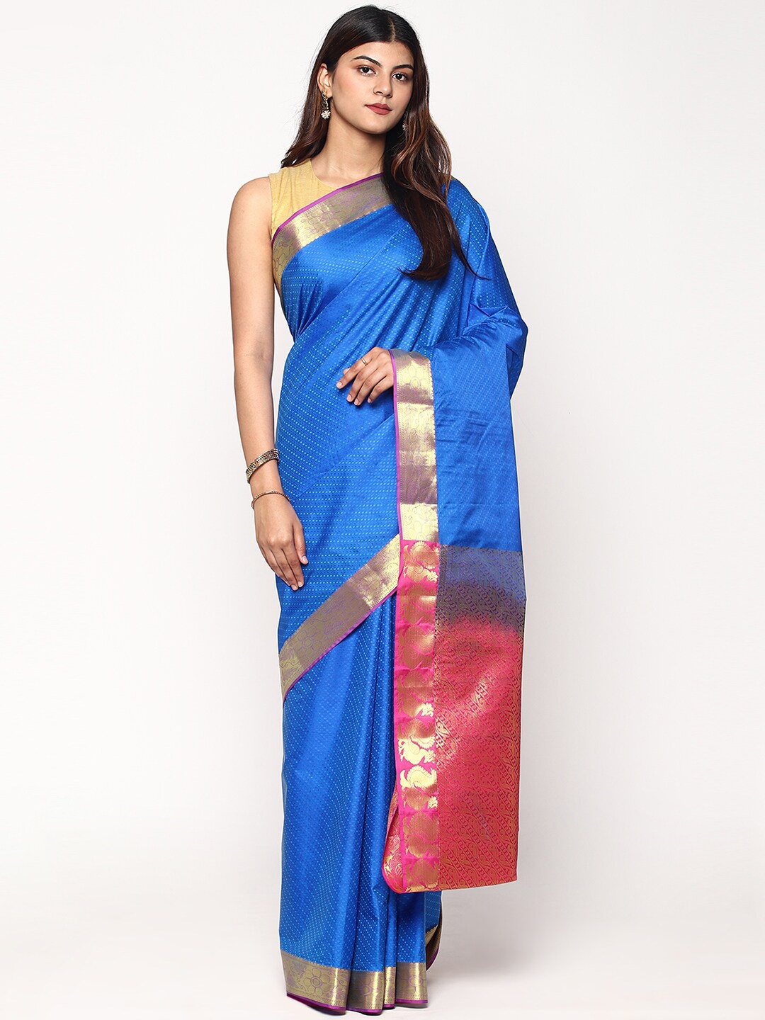 

Sudarshan Silks Blue & Pink Woven Design Zari Silk Blend Kanjeevaram Saree