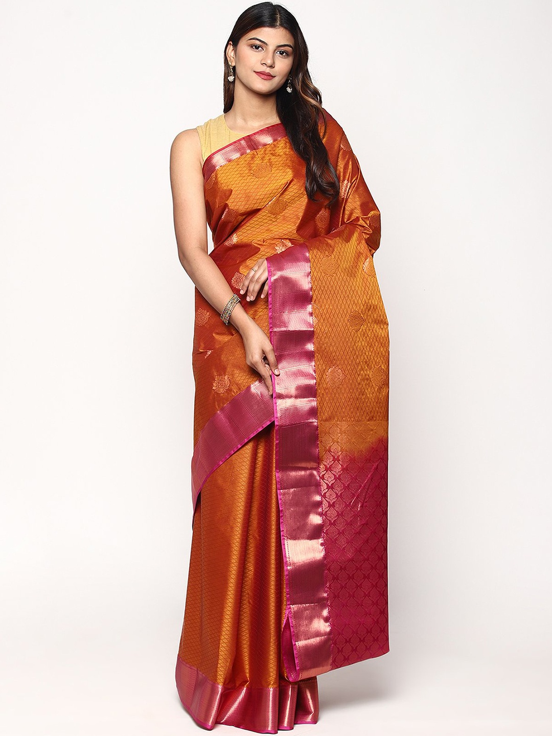 

Sudarshan Silks Orange & Pink Woven Design Silk Blend Kanjeevaram Saree