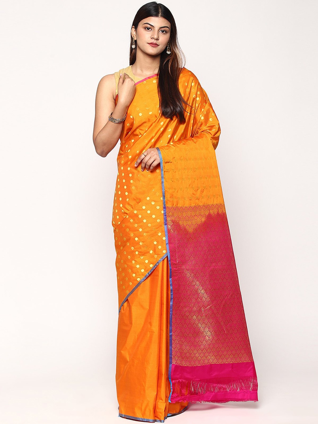 

Sudarshan Silks Orange & Magenta Zari Silk Blend Kanjeevaram Saree