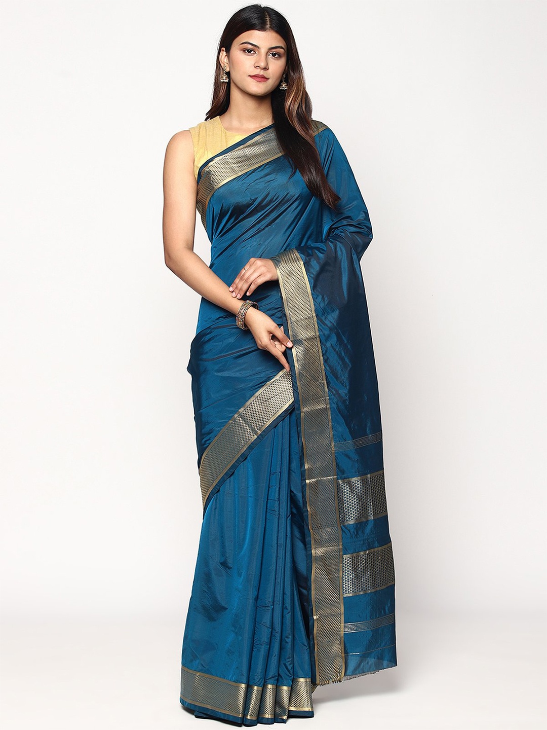 

Sudarshan Silks Blue & Gold-Toned Zari Pure Silk Kanjeevaram Saree