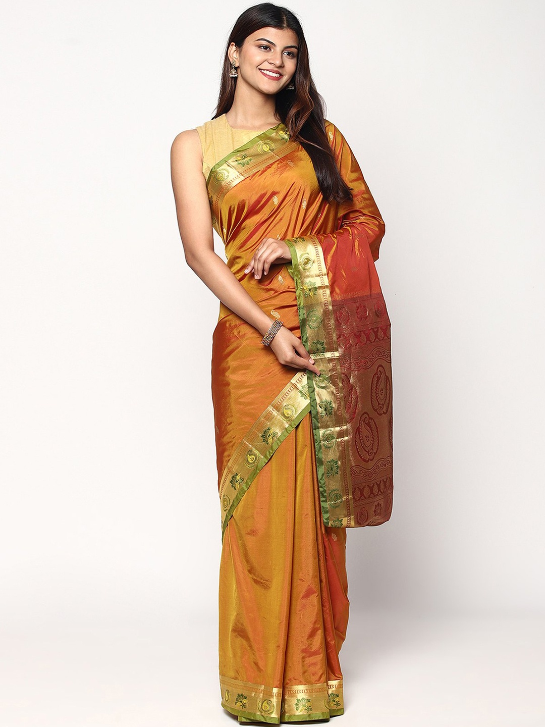 

Sudarshan Silks Yellow & Green Woven Design Zari Pure Silk Kanjeevaram Saree