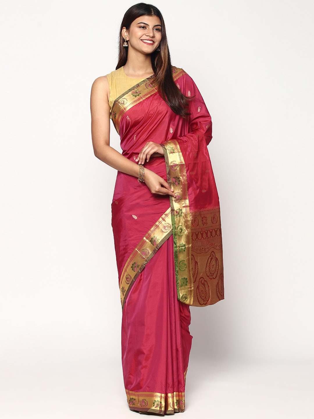 

Sudarshan Silks Pink & Green Ethnic Motifs Zari Pure Silk Kanjeevaram Saree