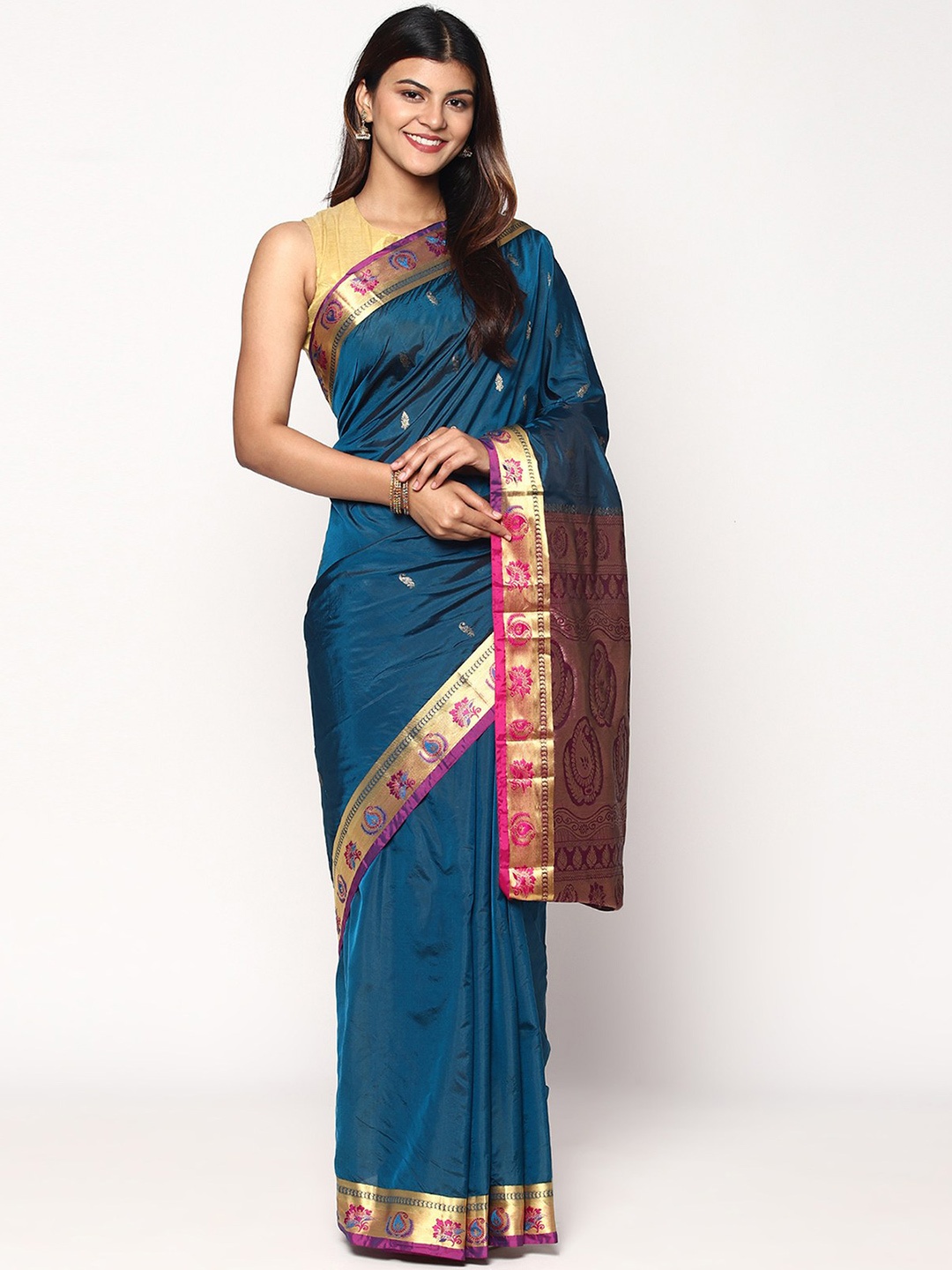 

Sudarshan Silks Blue & Magenta Woven Design Zari Pure Silk Kanjeevaram Saree