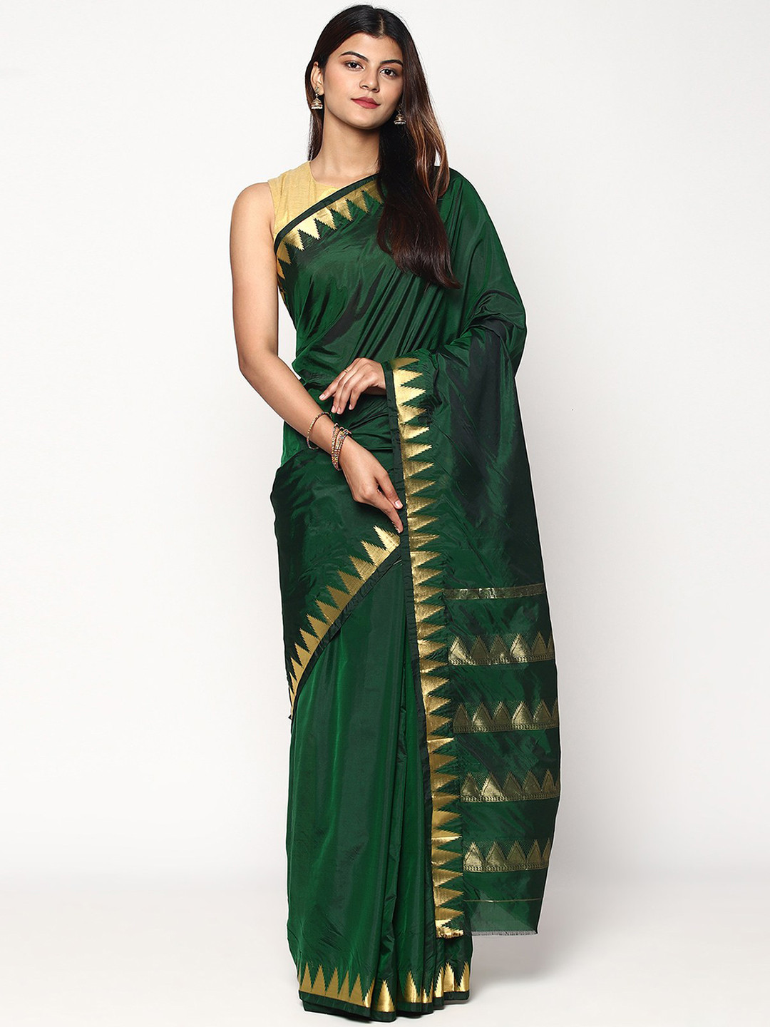 

Sudarshan Silks Green & Gold-Toned Zari Pure Silk Kanjeevaram Saree