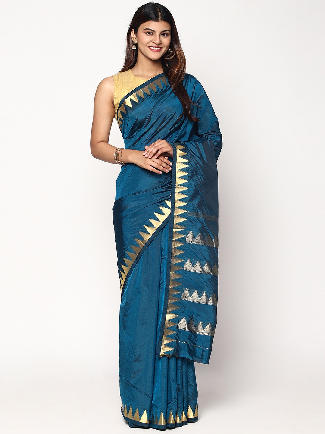 

Sudarshan Silks Blue & Gold-Toned Zari Pure Silk Kanjeevaram Saree