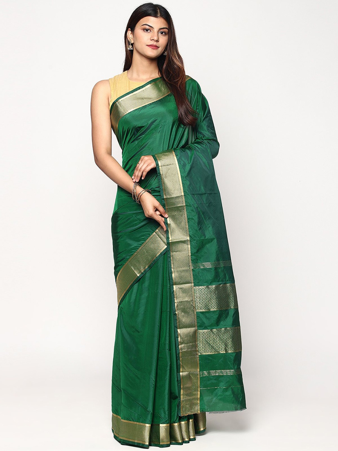 

Sudarshan Silks Green & Gold-Toned Zari Pure Silk Kanjeevaram Saree