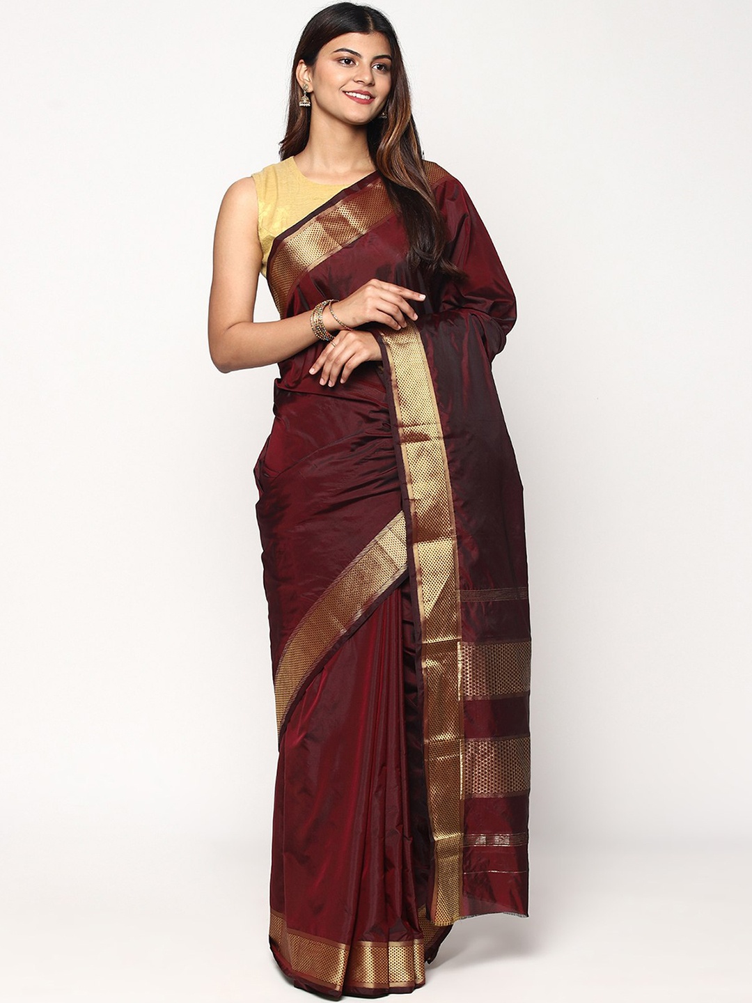 

Sudarshan Silks Maroon & Gold-Toned Pure Silk Kanjeevaram Saree