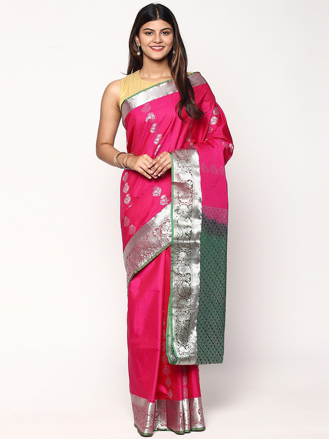 

Sudarshan Silks Pink & Green Woven Design Zari Silk Blend Kanjeevaram Saree