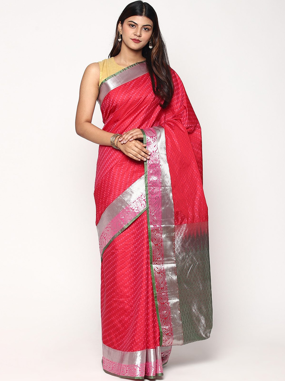 

Sudarshan Silks Pink & Green Woven Design Zari Silk Blend Kanjeevaram Saree