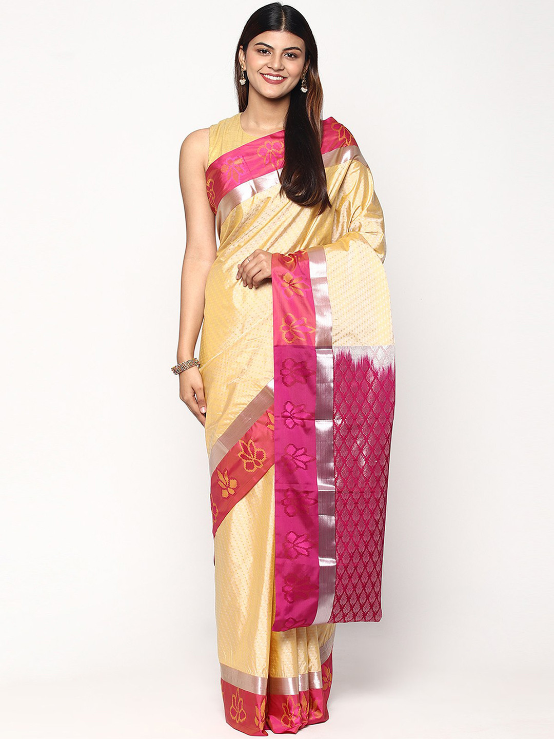

Sudarshan Silks Yellow & Pink Woven Design Zari Silk Blend Kanjeevaram Saree