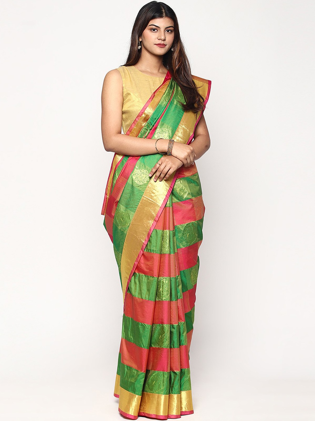 

Sudarshan Silks Green & Pink Ethnic Motifs Zari Silk Blend Kanjeevaram Saree