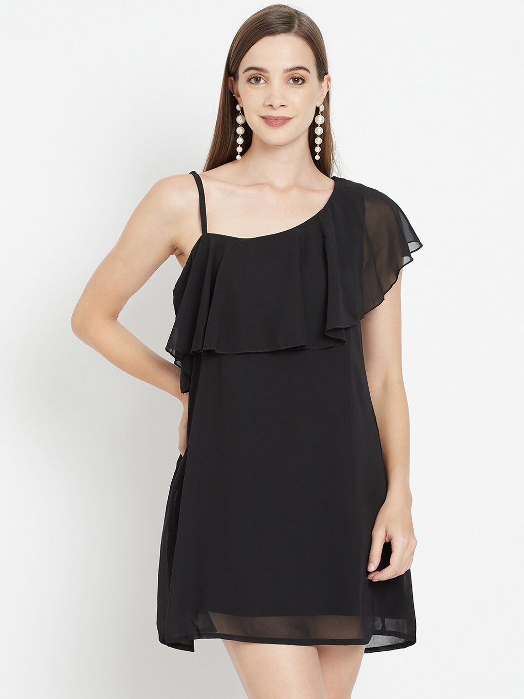 

WESTCLO Black Solid Layered Georgette A-Line Dress