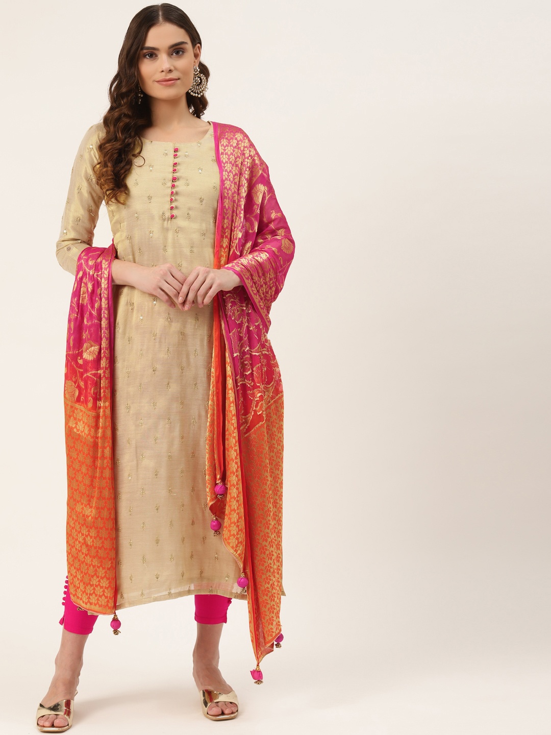 

INDYES Women Beige Embroidered Regular Sequinned Chanderi Silk Kurta with Trousers & With Dupatta